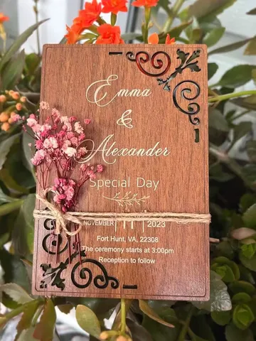 Wooden Wedding Invitation Card Laser Cut Hollow Wood Invitations With Preserved Flowers Hemp Rope Rustic Beach Wedding Party Decor