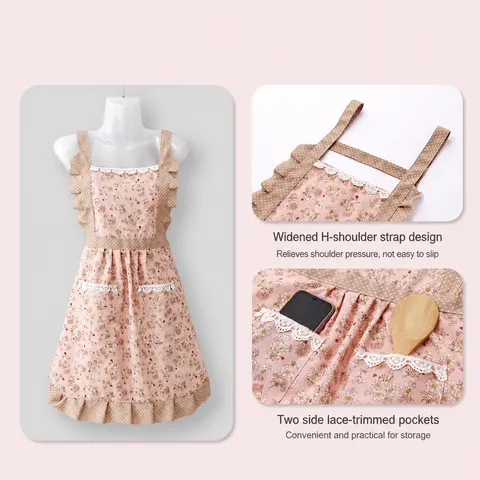 Koreanischer Stil Süße Prinzessin Küchenschürze Für Frauen Wasserdicht Öldicht Baumwolle Haushalt Blumen Gestreift Kochschürze Mit Taschen