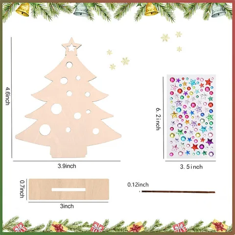 Ornements d'Arbre de Noël Vides en Bois Suspendus Creux Artisanat d'Art DIY Avec Corde de Chanvre et Autocollants en Strass Pour Enfants