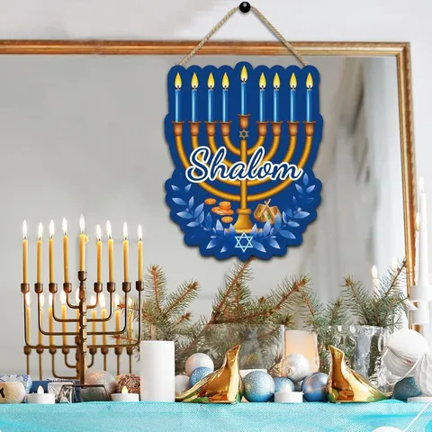 Wooden Hanukkah Door Plaque Menorah Wall Hanging Shalom Sign Jewish Festival Home Decor Hanging Ornament