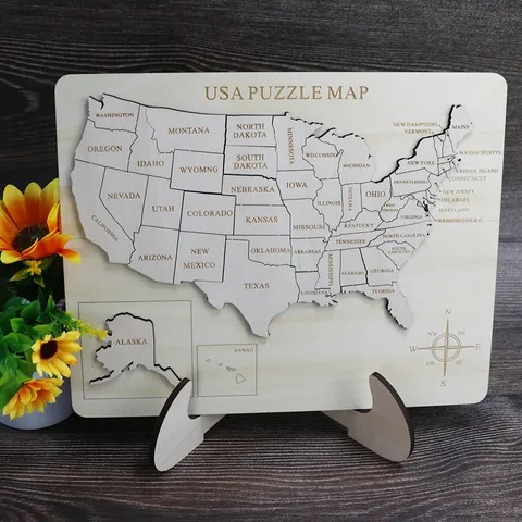 Puzzle de Carte des USA Gravé au Laser 3D en Bois Ornement Décoratif Artisanat de Bureau Créatif Jouet Éducatif pour Décoration de Bureau à Domicile