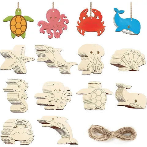 Découpes d'Animaux Marins en Bois Non Finis Tranches de Bois Vierges Avec Corde de Chanvre Pour Enfants Peinture DIY Décoration de Fête