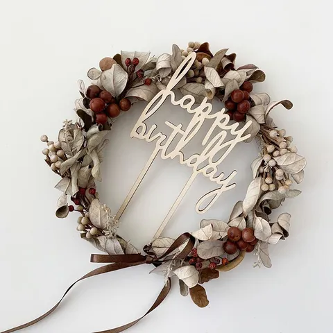 Wooden Happy Birthday Cake Topper Forest Style Laser Cut Cake Decoration Party Photography Props Dessert Topper