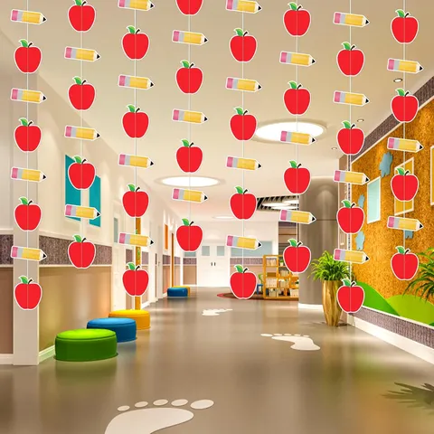 Guirlande Welcome Back Bannière Fête Scolaire Pomme Crayon Papier Pailleté Bannière pour Décoration Classe Rentrée Scolaire Célébration Décoration Fête Enfants