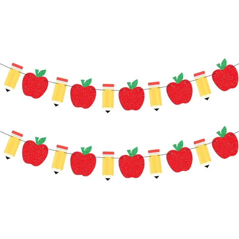 Glitter Paper Apple Pencil Garland Banner Back To School Hanging Decoration For Classroom School Party Supplies Decor