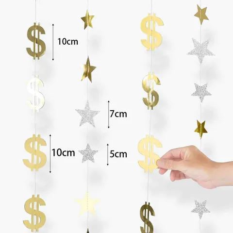 Guirlande en Papier Paillettes Or Signe Dollar et Étoile Bannière Suspendue Serpentin Pour Décoration de Fête d'Anniversaire Mariage Célébration Thème Financier