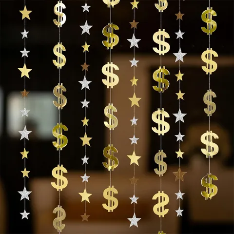 Guirlande en Papier Paillettes Or Signe Dollar et Étoile Bannière Suspendue Serpentin Pour Décoration de Fête d'Anniversaire Mariage Célébration Thème Financier