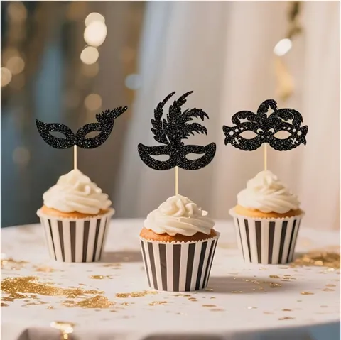 Glitter Paper Masquerade Mask Cupcake Toppers Theme Party Cake Decoration Picks For Birthday Halloween Celebration
