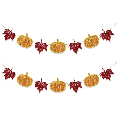 Banderola de Calabaza y Hoja de Membrillo de Papel de Purpurina Acción de Gracias Guirnalda Colgante para Fiesta de Otoño Decoración del Hogar