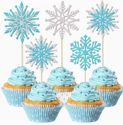 Glitter Paper Snowflake Cake Topper Winter Theme Blue Silver Decorative Cupcake Picks For Birthday Christmas Party Cake Decoration