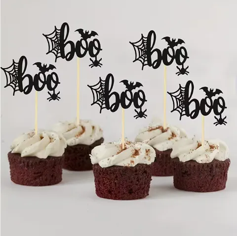 Halloween Cupcake Toppers Glitter Paper Spider Web Bat Boo Letters Design For Halloween Happy Birthday Theme Party Cake Decorations