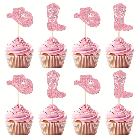 Glitzerpapier Western Cowboyhut Stiefel Kuchen-Topper Rosa Braun Cupcake Picks Für Geburtstag Party Kuchen Dekorationen
