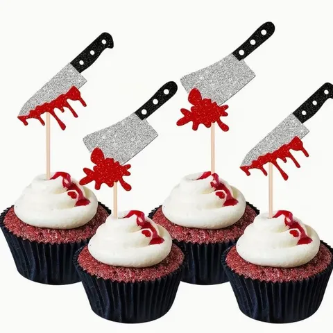 Glitter Bloody Knife Cupcake Toppers Halloween Birthday Party Cake Decorations Scary Theme Glittery Baking Decor Accessories