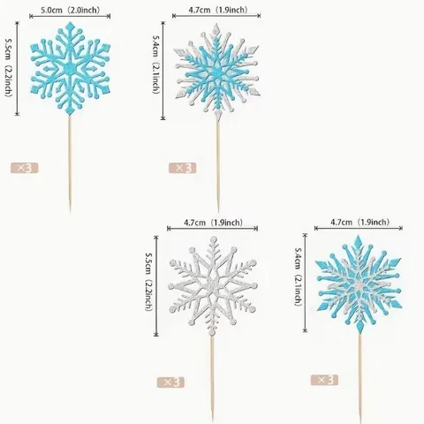 Glitter Paper Snowflake Cake Topper Winter Theme Blue Silver Decorative Cupcake Picks For Birthday Christmas Party Cake Decoration