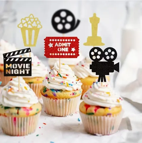 Glitter Paper Movie Theme Cake Toppers Cinema Ticket Popcorn Design Cupcake Picks For Birthday Halloween Party Decorations