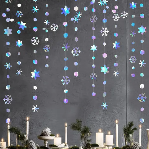 Guirlande Flocon de Neige en Papier Irisé Décoration Thème Noël Bannière Suspendue pour Vitrine de Magasin
