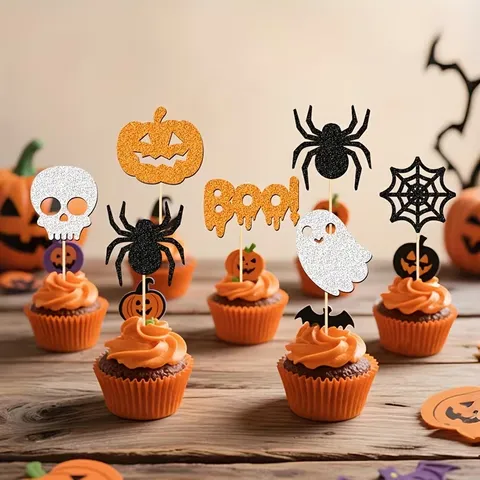 Glitter Paper Halloween Cupcake Toppers Ghost Pumpkin Skeleton Boo Letter Cake Pick For Birthday Theme Party Decoration