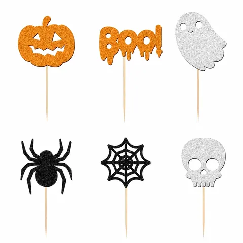 Glitter Paper Halloween Cupcake Toppers Ghost Pumpkin Skeleton Boo Letter Cake Pick For Birthday Theme Party Decoration