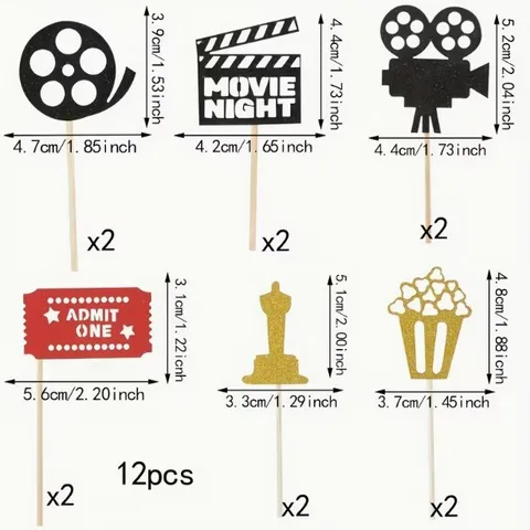 Glitter Paper Movie Theme Cake Toppers Cinema Ticket Popcorn Design Cupcake Picks For Birthday Halloween Party Decorations