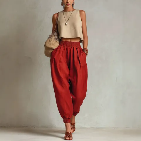 Dames Casual Polyester Harembroek Elastische Taille Losse Manchetten Lange Broek Effen Kleur Comfortabele Dagelijkse Kleding