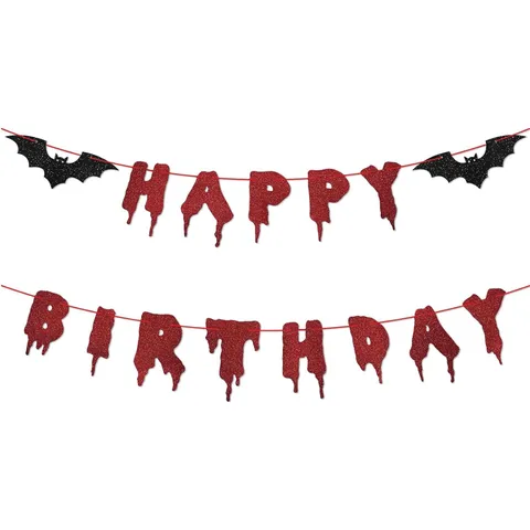 Halloween Happy Birthday Banner Garland Glittery Red Blood Drip Black Bat Vampire Horror Spook Party Hanging Sign Decor