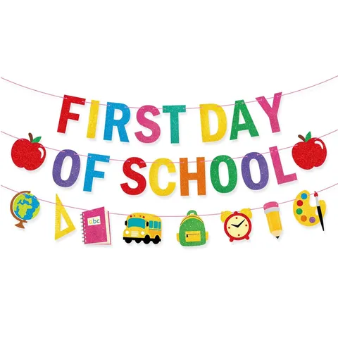 Glitter Cardstock First Day Of School Banner Garland Multicolor Back To School Party Classroom Hanging Backdrop Decor Set