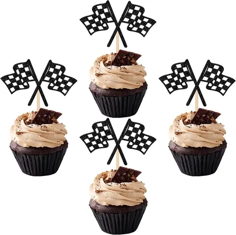 Checkered Racing Flag Cupcake Toppers Black White Grid Car Cake Picks Glitter Paper Toothpick Toppers For Racing Car Theme Kids Birthday Party Favors Cake Decorations