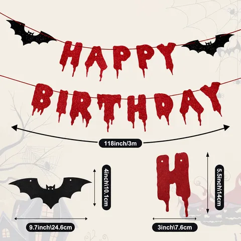 Halloween Happy Birthday Banner Garland Glittery Red Blood Drip Black Bat Vampire Horror Spook Party Hanging Sign Decor