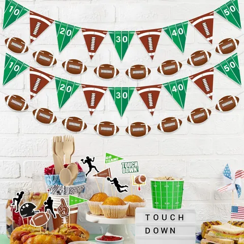 Rugby Football Theme Sporty Party Banner Geometric Pattern Green Paper Streamer Garland For Super Bowl Celebration Decorations