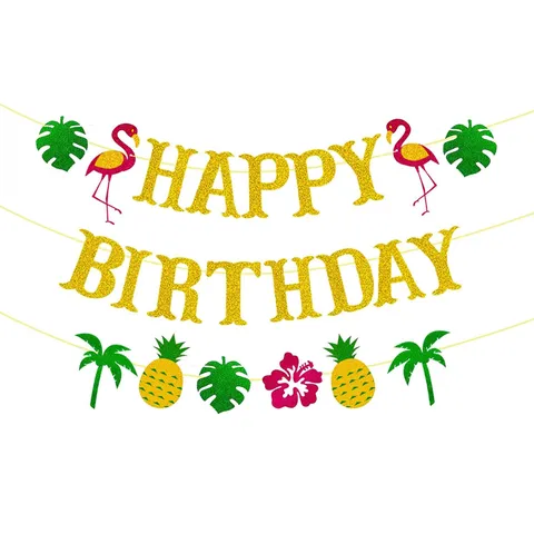 Glitzer Gold Hawaii Flamingo Happy Birthday Party Banner Tropische Palmblätter Ananas Hibiskusblüten Papier Girlande Sommer Party Hängende Dekorationen