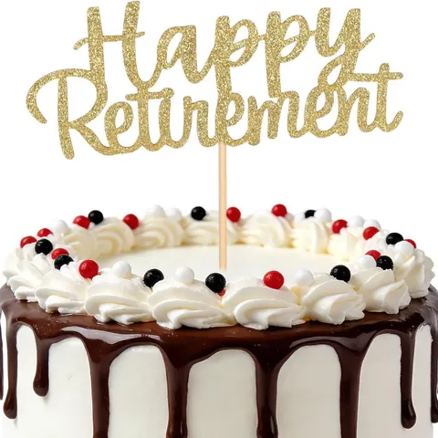 Happy Retirement Cake Topper Glitter Paper Gold Cake Decoration Pick For Retirement Party Celebration Supplies