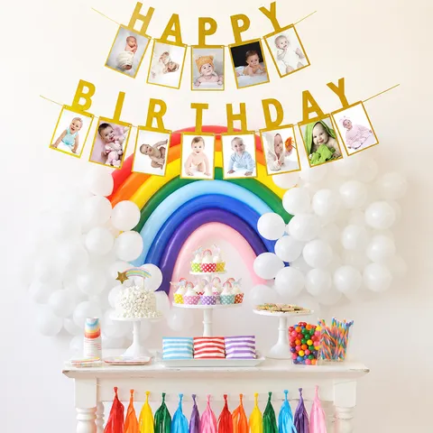 Happy Birthday Photo Banner Glitter Paper Birthday Garland Milestone Hanging Photo Wall For Anniversary Celebrate Party Supplies Home Decoration