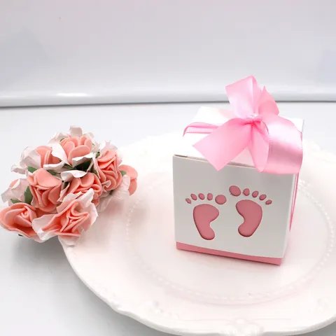 European Hollow Out Baby Footprint Paper Candy Box With Ribbon Bowknot Gift Treat Box For Kids Birthday Baby Shower Wedding Party Favors Box