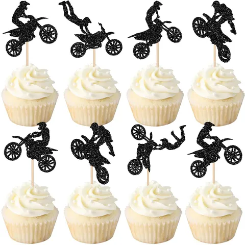 Pics à Cupcake Moto Cross Noir Pailleté Décorations de Gâteau d'Anniversaire Motocross Fournitures Silhouette
