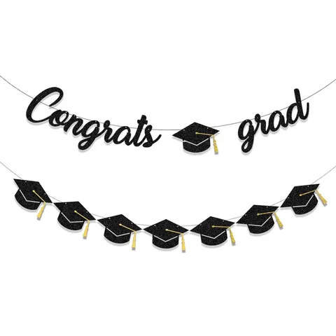 Bannière Lettres Congrats Grad Décoration Fête de Remise Diplômes Or Noir Paillettes Papier Guirlande Chapeau Universitaire Silhouette Décoration Suspendue