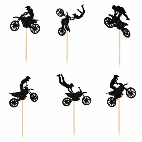 Pics à Cupcake Moto Cross Noir Pailleté Décorations de Gâteau d'Anniversaire Motocross Fournitures Silhouette