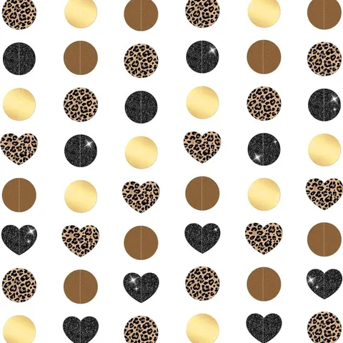 Imprimé Léopard Papier Pailleté Cœur Rond Guirlande Or Noir Scintillant Cordon en Papier pour Mariage Anniversaire Enterrement de Vie de Jeune Fille Fête Décoration Bannières Suspendues