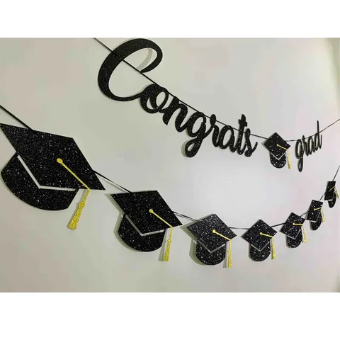 Bannière Lettres Congrats Grad Décoration Fête de Remise Diplômes Or Noir Paillettes Papier Guirlande Chapeau Universitaire Silhouette Décoration Suspendue