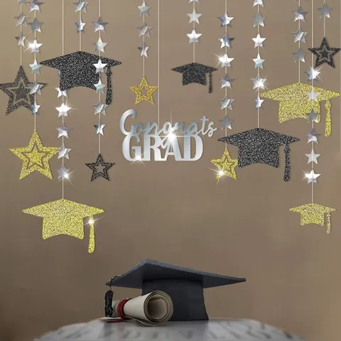 Glitter Graduation Cap Star Paper Garland Graduation Party Venue Hanging Banner Hanging Decorations Decor For Congrats Grad Celebration Decoration