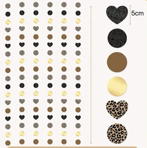 Imprimé Léopard Papier Pailleté Cœur Rond Guirlande Or Noir Scintillant Cordon en Papier pour Mariage Anniversaire Enterrement de Vie de Jeune Fille Fête Décoration Bannières Suspendues