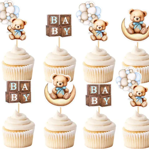 Mignons Toppers de Cupcake Ours en Peluche Dessin Animé Lune Ballon Lettre en Papier Pics à Gâteau pour Décoration de Fête d'Anniversaire Enfants