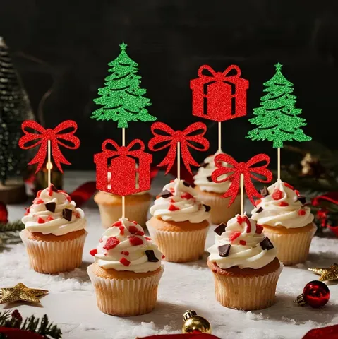 Christmas Cake Toppers Glitter Paper Xmas Tree Gift Box Bowknot Design Cake Flag Picks For Holiday Winter Baking Dessert Party Table Decoration