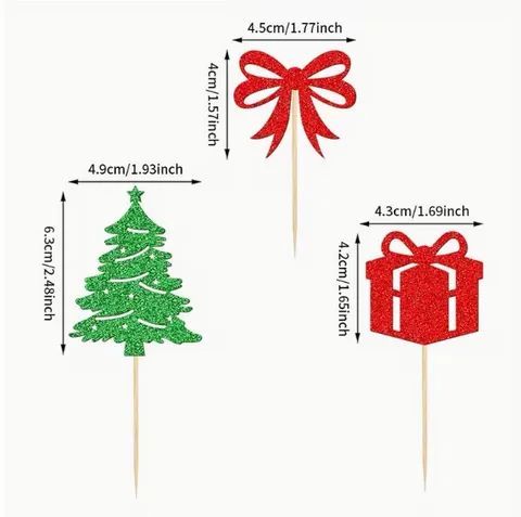 Christmas Cake Toppers Glitter Paper Xmas Tree Gift Box Bowknot Design Cake Flag Picks For Holiday Winter Baking Dessert Party Table Decoration