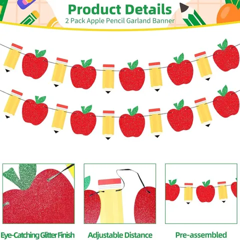 Glitter Paper Apple Pencil Garland Banner Back To School Hanging Decoration For Classroom School Party Supplies Decor