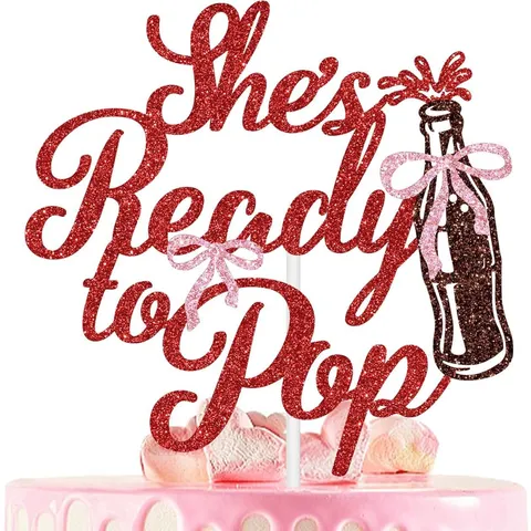 Glitter Paper Shes Ready To Pop Theme Cake Topper Cute Letter Design Red Bottle Design For Birthday Baby Shower Party Supplies