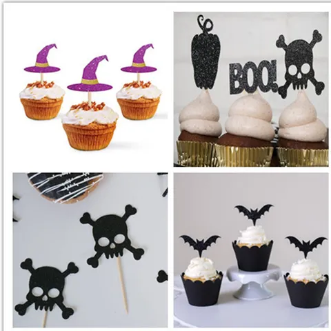 Glitter Paper Halloween Cupcake Toppers Cute Skull Bat Pumpkin Witch Hat Dessert Picks For Halloween Party Cake Decorations