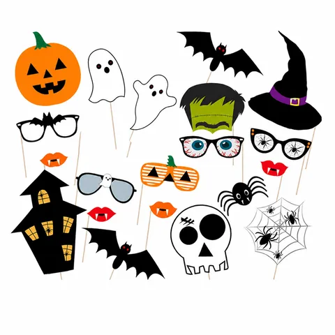 Halloween Photo Booth Props Paper Funny Face Mask Mustache Glasses Pumpkin Ghost Witch Hat Halloween Party Booth Decor For Holiday Festival Photo Shooting Decor