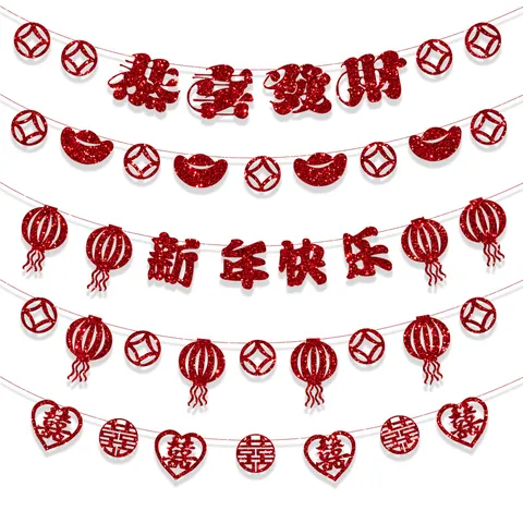 Traditionelle Chinesische Neujahr Hängegirlande Glitzer Rot Banner Für Frühlingsfest Party Zuhause Dekoration Festliche Girlande