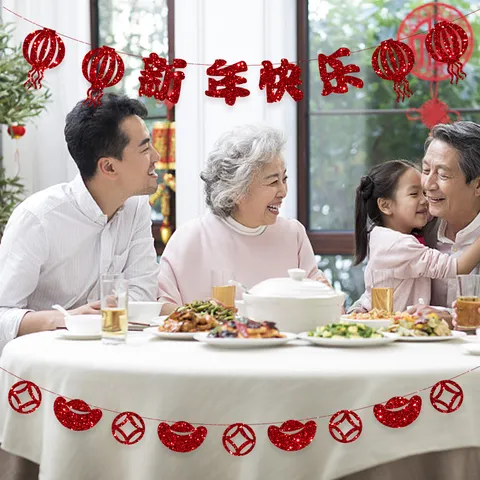 Traditionelle Chinesische Neujahr Hängegirlande Glitzer Rot Banner Für Frühlingsfest Party Zuhause Dekoration Festliche Girlande