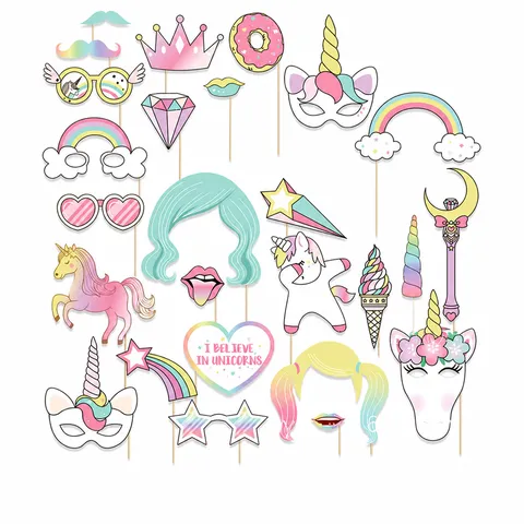 Einhorn Thema Geburtstag Party Foto Requisiten Set Cartoon Regenbogen Krone Brille Lippen Papier Dekoration Karten Requisiten Kit Für Kinder Geburtstag Party Zubehör
